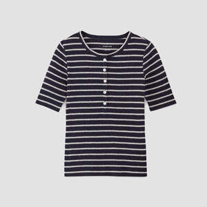 Everlane Vintage Rib Henley in Navy/Bone White, Size Large